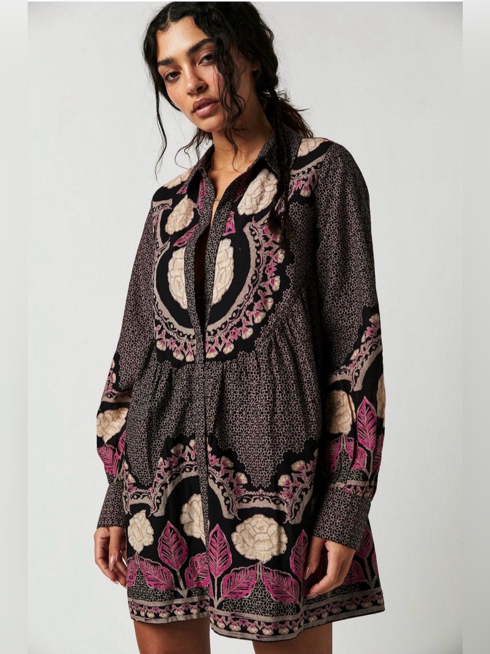 Free People Black Floral-Print Long-Sleeve Mini Dress